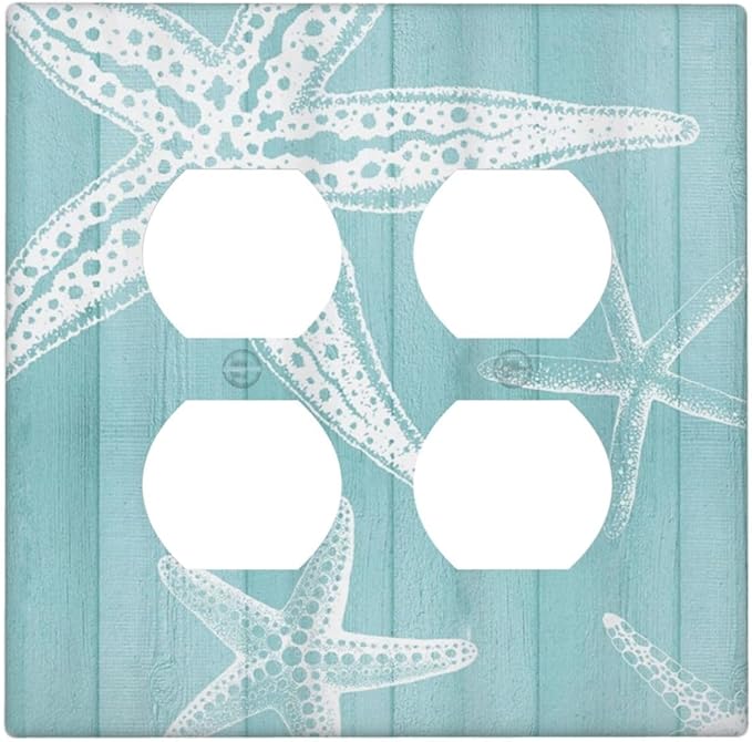 Decorative Outlet Covers Starfish Teal Wood Board Nautical 2 Gang Light Switch Cover Plate Double Duplex Wall Plates for Electrical Outlets Switch Plate Covers for Bedroom Home Decor