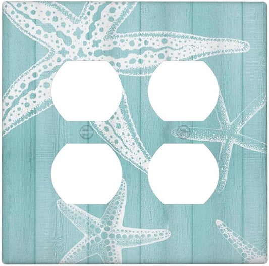 Decorative Outlet Covers Starfish Teal Wood Board Nautical 2 Gang Light Switch Cover Plate Double Duplex Wall Plates for Electrical Outlets Switch Plate Covers for Bedroom Home Decor