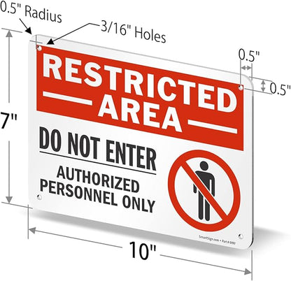 SmartSign 7 x 10 inch “Restricted Area - Do Not Enter, Authorized Personnel Only” Sign with Symbol, Digitally Printed, 55 mil HDPE Plastic, Red, White and Black, Made in USA