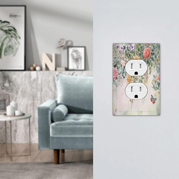 Rustic Floral Watercolor Flower Blossom Butterfly 1 Gang Duplex Receptacle Switch Wall Plate Decorative Switchplate Outlet Covers Electrical Plug Cover Faceplate for Bathroom Home Decor 5 X 3 IN
