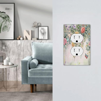 Rustic Floral Watercolor Flower Blossom Butterfly 1 Gang Duplex Receptacle Switch Wall Plate Decorative Switchplate Outlet Covers Electrical Plug Cover Faceplate for Bathroom Home Decor 5 X 3 IN