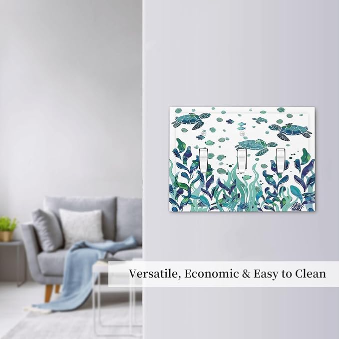 Decorative Switch Plates Vibrant Turtle Seagrass Watercolor Painting 3 Gang Wall Plate Triple Toggle Light Switch Cover Faceplate Electrical Wall Panels for Bathroom living Room Decor