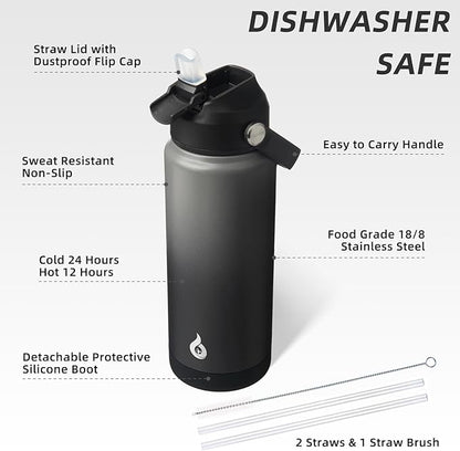 BJPKPK Water Bottle with Straw Lid, 24oz Vacuum Insulated Water Bottles, Metal Stainless Steel Thermo for Sports, Travel, BPA Free Leak Proof Thermo, Cups, Flasks, Tumblers,Black Grey