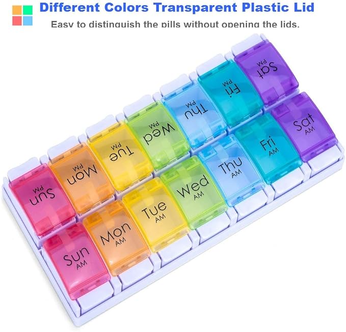 7 Day AM PM Pill Organizer, Moisture-Proof Design and Large Compartments to Hold Vitamins,Fish Oil,Supplements, Weekly Pill Box/Cases, Daily Medicine Dispenser (14 Compartments No Alarm)