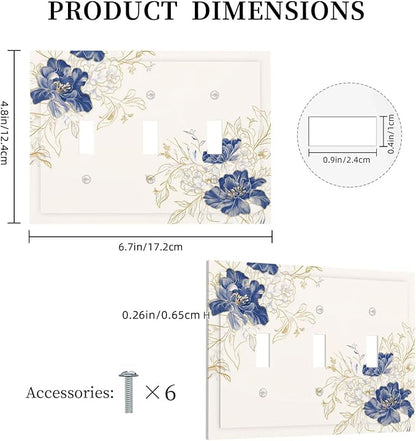 Decorative Light Switch Cover Plate Rustic Blue Flower Floral Gold Leaf 3 Gang Wall Plates for Electrical Outlets Triple Toggle Switch Plate Covers Outlet Covers Faceplate for Home Decor