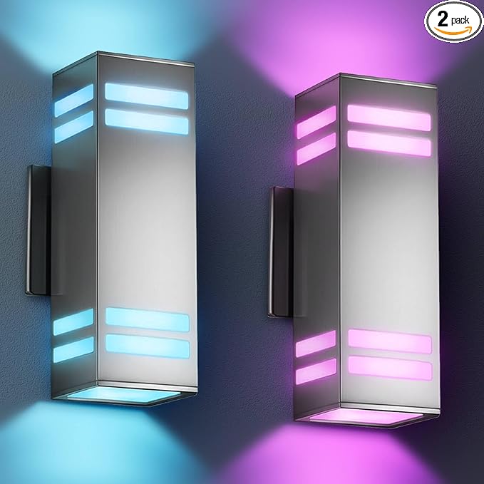 KIZON Smart RGB Outdoor Wall Light Dusk to Dawn, Voice & App Control Smart Porch Lights, Dimmable Up and Down Wall Sconce Stainless Steel Waterproof Exterior Light Fixture, Works with Alexa, 2 Pack