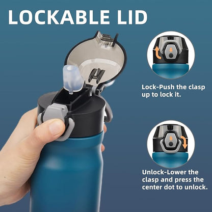 Insulated Water Bottle with Straw and Carry Loop,18 oz Stainless Steel Double Wall Vaccum Metal Water Flask with Leak-proof Lid,Indiego Black