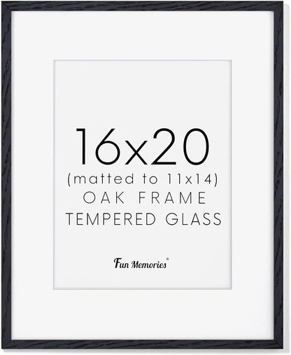Fun Memories 16x20 Picture Frame - Black Oak Wood Poster Frame with Mat for 11x14, Tempered Glass, Easy to Hang