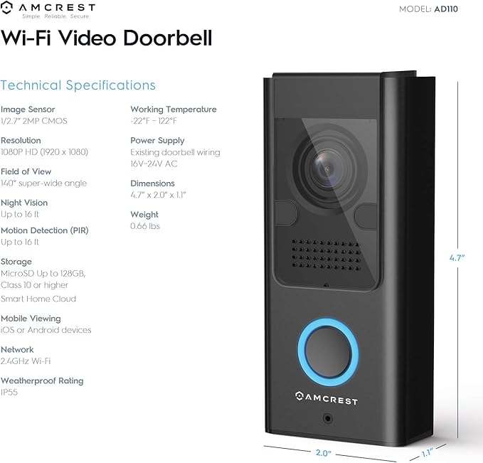 Amcrest 1080P Video Doorbell Camera Pro, Outdoor Smart Home 2.4GHz WiFi Doorbell Camera (Wired Power), MicroSD Card, PIR Motion Detect, RTSP, IP55 Weatherproof, 2-Way Audio, 140º Wide-Angle AD110-SH