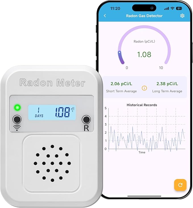 WiFi Home Radon Detector, Portable Radon Meter with Real-Time Short & Long-Term Monitoring, Plug-in Design, Instant Alerts & App Control