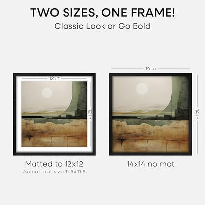 Homeforia 14x14 Black Wood Frame, High End Oak 14 x 14 Square Picture Frames with Mat 12 by 12 inches Photo, 14by14 Black Wooden Poster Frames Matted to 12x12 Print, Tempered Glass, Wall Kit, Set of 3