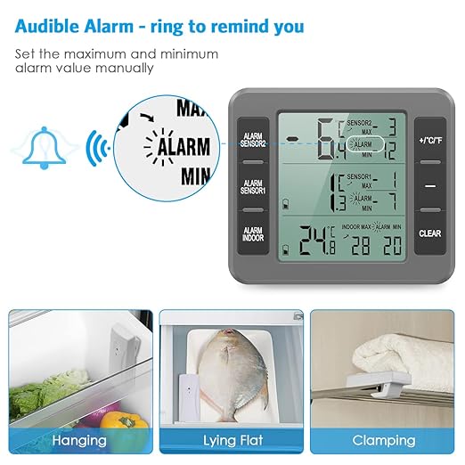AMIR Upgraded Refrigerator Thermometer, Wireless Indoor Outdoor Thermometer, Sensor Temperature Monitor with Audible Alarm Temperature Gauge for Freezer Kitchen Home (Battery not Included, Grey)