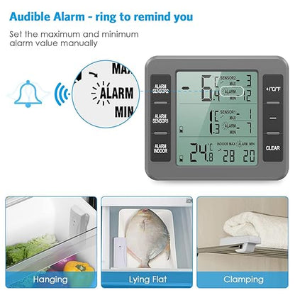 AMIR Upgraded Refrigerator Thermometer, Wireless Indoor Outdoor Thermometer, Sensor Temperature Monitor with Audible Alarm Temperature Gauge for Freezer Kitchen Home (Battery not Included, Grey)