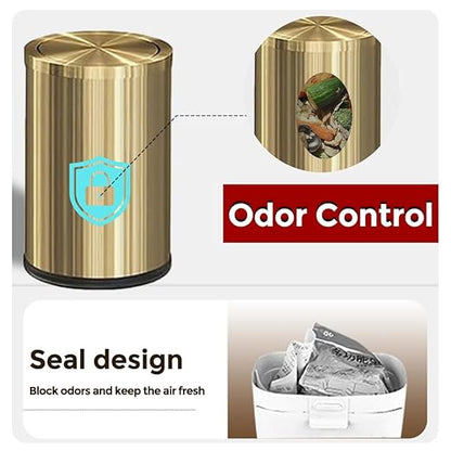 Small Trash Can with Flipping Lid,Gold Bathroom Garbage can with lid，2.4gallon,Brass Trash can for Bathroom,Laundry，Hotel，Office， Laundry Room ，Metallic Gold (Single)