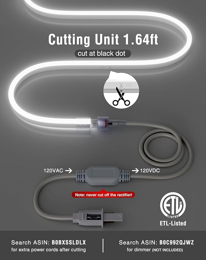 Shine Decor 50FT/15M LED Neon Rope Lights, Cool White AC 110V-120V Neon LED Strip Lights, Flexible Waterproof SMD2835 120LEDs/M Indoor Outdoor Ropes Lights, Bright Ambient Lighting Decoration