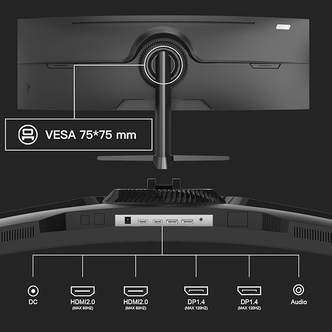 Amzfast 49 Inch Curved Monitor 120Hz DQHD 5120x1440p Ultrawide Gaming Monitor, 120% sRGB, 1500R, 1ms MPRT, HDR10, Adaptive Sync, PIP/PBP, Height Adjustable, HDMI 2.0/DP 1.4, VESA 75x75, AMZG49C7U