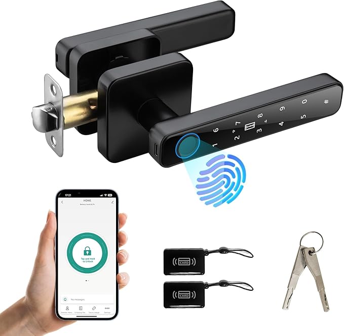 Smart Door Knob with Key & Keypad, Bluetooth Keyless Entry, Biometric Fingerprint Door Lock - Privacy & Passage Doorknob Functions for Home, Bedroom, Office, and Apartment