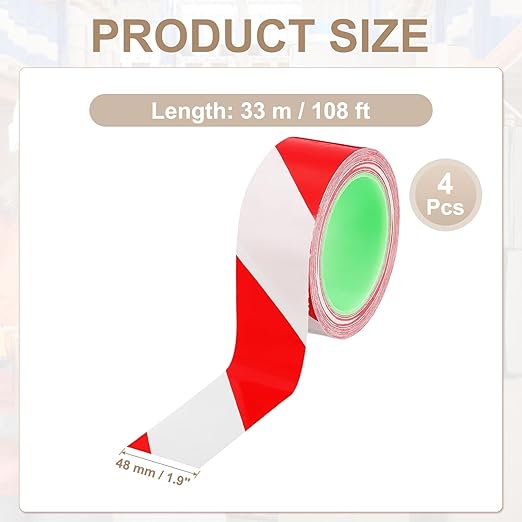 PATIKIL Floor Marking Tape 2 Inch x 110 Ft, 4 Pcs Self-Adhesive Warning Safety Tape Caution Stripe for Walls Floors Pipes Equipment Outdoor, Red/White