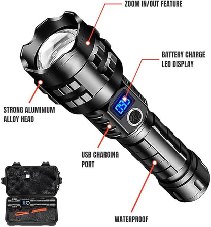 NightBuddy Powerful Rechargeable Tactical LED Flashlight 5000 High Lumens for Home Camping or Survival with Emergency Window Breaker 5 Light Modes IPX7 Waterproof Adjustable Focus USB Output