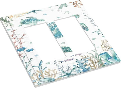 Sea Turtle Ocean Starfish Fish Coral Pearl Decorative Outlet Covers 2 Gang Double GFCI Rocker Electrical Wall Panels Light Switch Cover Plate for Bathroom Kids Room Decor