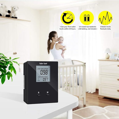 Home Radon Detector, Portable Radon Tester, Long and Short Term Monitor, Monitor Your Home Radon Level, Prevent Radon Exceed, Powered by Rechargeable Battery, Black