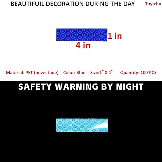 Non Fading Blue Reflective Stickers 1 inch X 4 inch, Outdoor Waterproof High Visibility Warning Safety Adhesive Reflector Tape (100 Pcs)