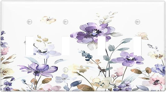Light Switch Covers Purple Floral Lilac Watercolor Flower Leaves Butterfly Wildflower Quad Toggle 4 Gang Wall Plate Electrical Faceplate Decorative Switch Plates for Bedroom Home Decor