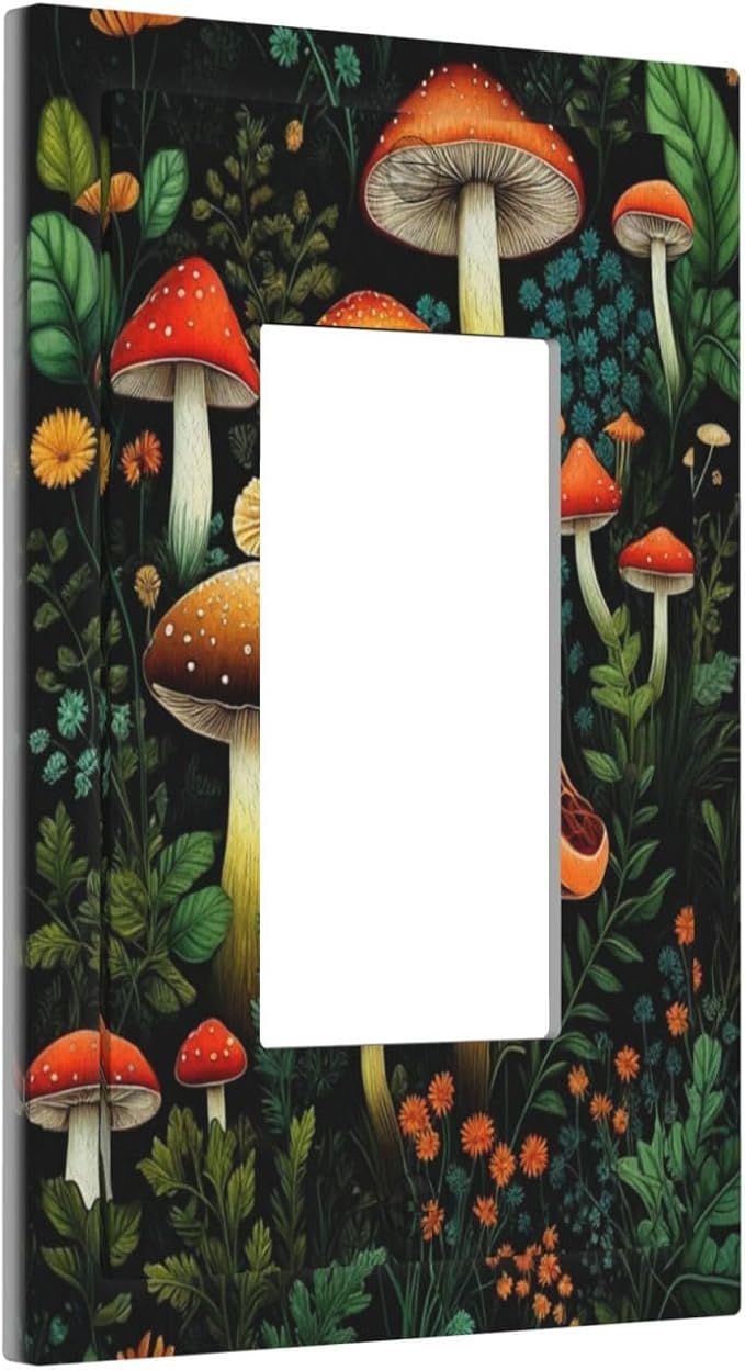 Decorative Outlet Covers Boho Red Mushroom Green Leaf Plants Floral 1 Gang Single Decora GFCI Device Light Switch Covers Plate 1 Rocker Wall Plate Jumbo Switch Cover Plate