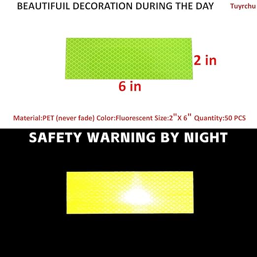 Non Fading Fluorescent Yellow Reflective Stickers 2 inch X 6 inch, Outdoor Waterproof High Visibility Safety Adhesive Reflector (50 Pcs)