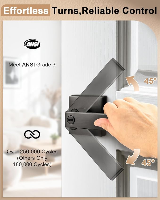 Probrico 1 Pack Interior Privacy Grey Door Handle, Gunmetal Black Locking Bedroom & Bathroom Lever, Reversible for Right & Left Side