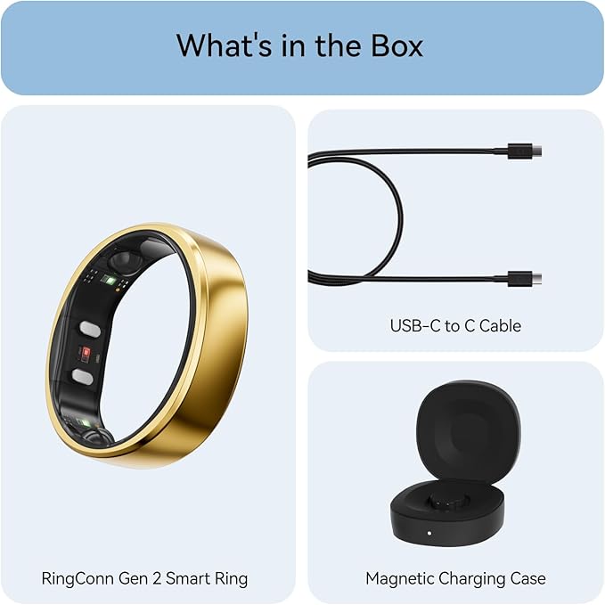 RingConn Gen 2, World’s First Smart Ring with Sleep Apnea Monitoring, No APP Subscription, 12-Day Battery Life, Stress/Heart Rate/Women's Health Tracker, Android & iOS Compatible (Gold, Size 12)