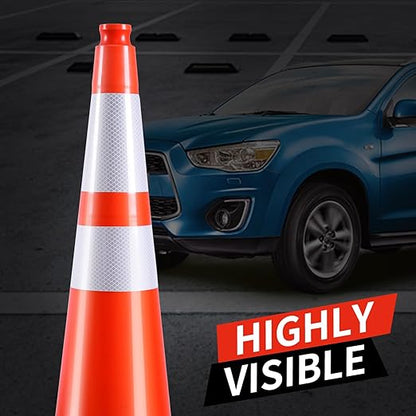 (4 Pack) 28 Inch Traffic Cones,PVC Construction Safety Parking Road Cones w/Reflective Collar, Heavy Duty Base for Traffic Control, Parking Lots and Roadwork, Weatherproof