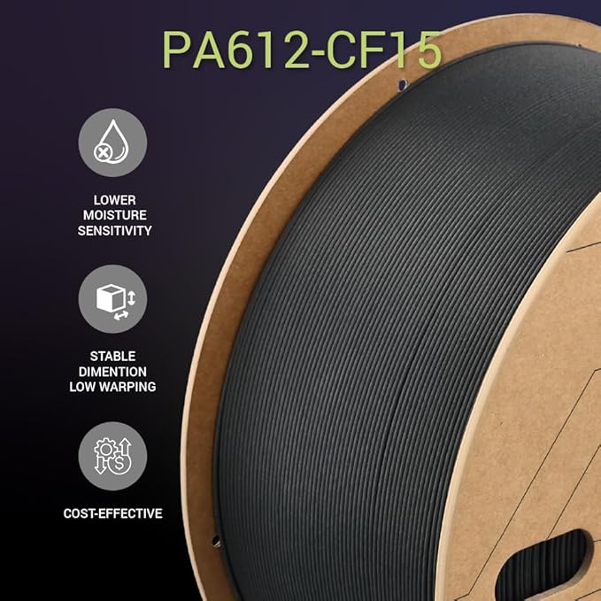 Polymaker Fiberon PA612-CF Carbon Fiber Nylon Filament 1.75mm Black 3kg, Fiberon PA612-CF Strong & Low Moisture Sensitive Nylon 1.75mm 3D Printing Filament