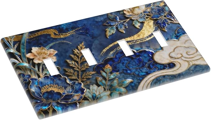 Decorative Light Switch Cover Plate Blue White Flower Gold Line Cloud 4 Gang Wall Plates for Electrical Outlets Quad Toggle Switch Plate Covers Outlet Covers Faceplate for Home Decor