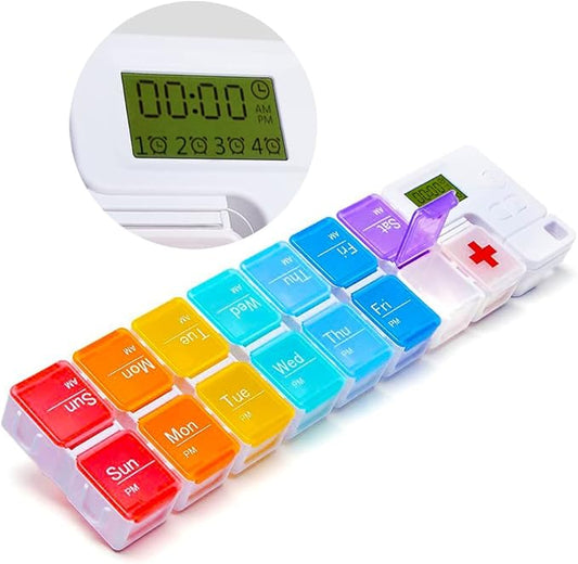7 Day Medicine Pill Organizer, 4 Reminder Alarms, Loud Sound, 14 Large Compartments, Large Screen, Moisture-Proof, Travel Weekly/Daily Pill Box/Organizer/Case/Container/Dispenser, AM/PM 2 Times a Day