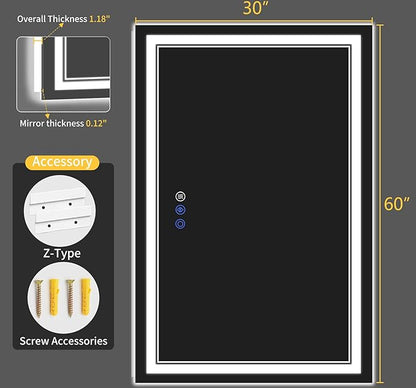 30"x60" LED Bathroom Mirror with Lights, Anti-Fog, Backlit + Front Lit, Dimmable, Led Vanity Mirror for Wall, Lighted Bathroom Mirror, 3 Colors, Shatter-Proof Tempered Glass