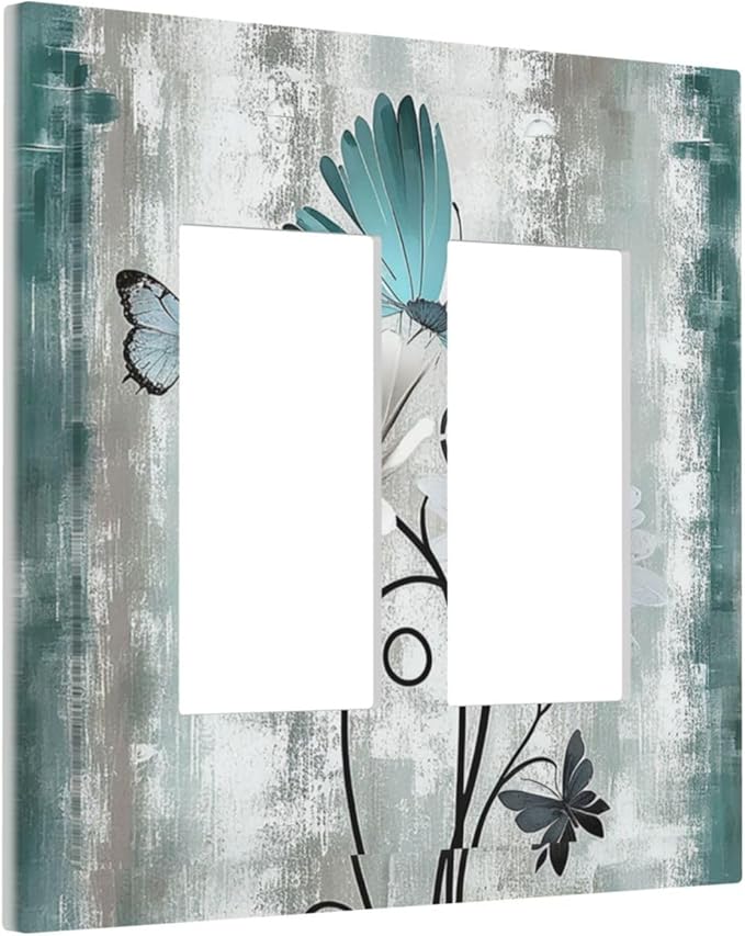 Decorative Outlet Covers Rustic Teal Daisy Floral Flowers Butterfly Wood Grain 2 Gang Double GFCI Rocker Electrical Wall Panels Light Switch Cover Plate for Bathroom Bedroom Decor