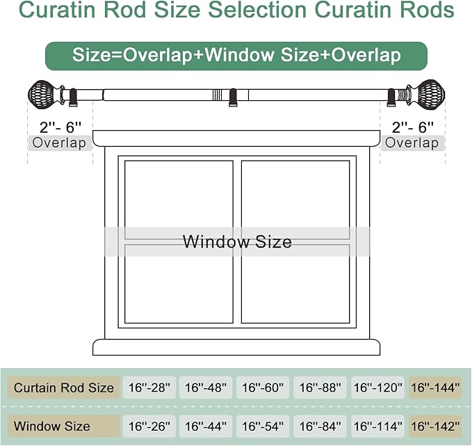 Curtain Rods for Windows 16 to 144 Inches Adjustable Length 1 Inch Diameter Window Curtain Rod with Wood Grain Leaf Pattern Finials,for Heavy Duty Curtains Rods