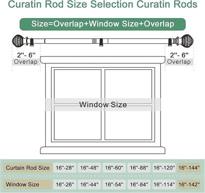 Curtain Rods for Windows 16 to 144 Inches Adjustable Length 1 Inch Diameter Window Curtain Rod with Wood Grain Leaf Pattern Finials,for Heavy Duty Curtains Rods