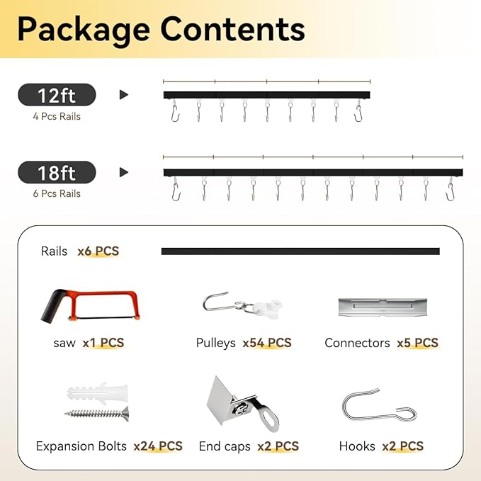 Curtain Track, Ceiling Curtain Track for Room Divider, Ceiling Mount Rail Set with Roller Hooks, Black, 12ft - 18ft