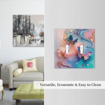 Colorful Marble Butterfly Gold Glitter Abstract Print Decorative Switch Plates 2 Gang Double Toggle Outlet Light Switch Cover Wall Plate Electrical Faceplate for Bed Room Living Room Decor