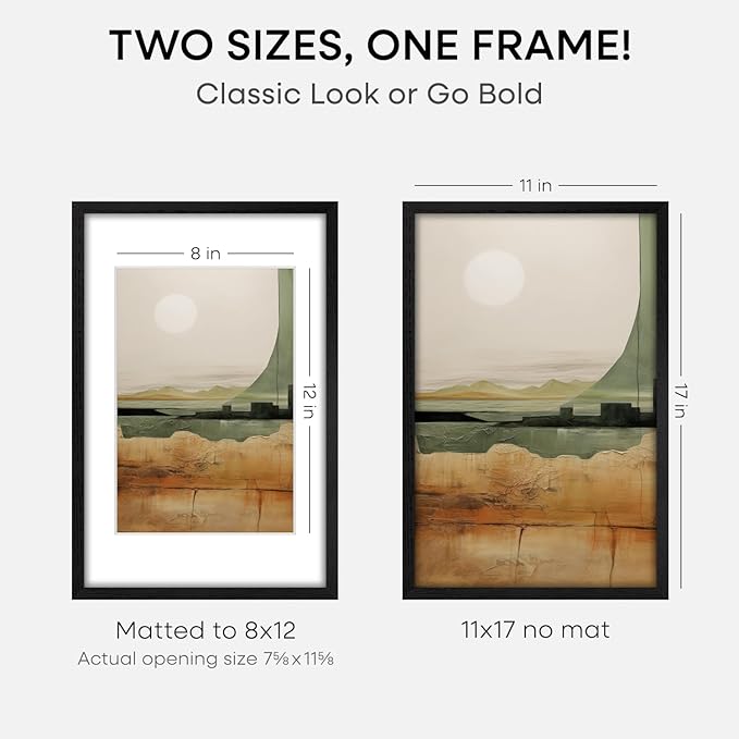Homeforia 11x17 Picture Frame Black Wood, High End Oak 11x17 Poster Frames with Mat 8x12, 11 x 17 Wooden Frame Matted to 8 x 12 inch Photo, 17x11 Thin Hanging Frame, Tempered Glass, Wall Kit, Set of 2
