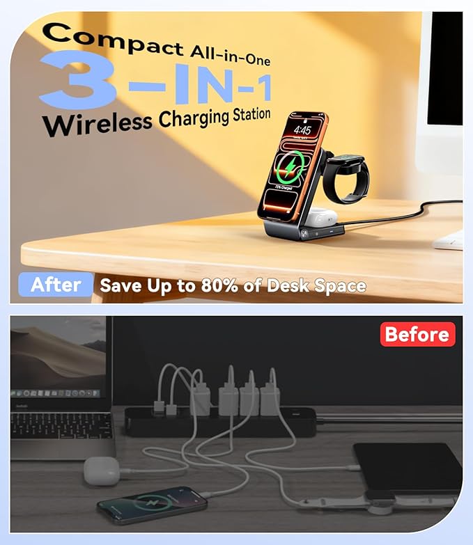 3-in-1 Travel Charging Station for Apple Devices MagSafe Charger, Qi2.2 25W Magnetic Wireless Charger, Aluminum Alloy Foldable Charging Stand for iPhone 17 Pro Max, Apple Watch, AirPods