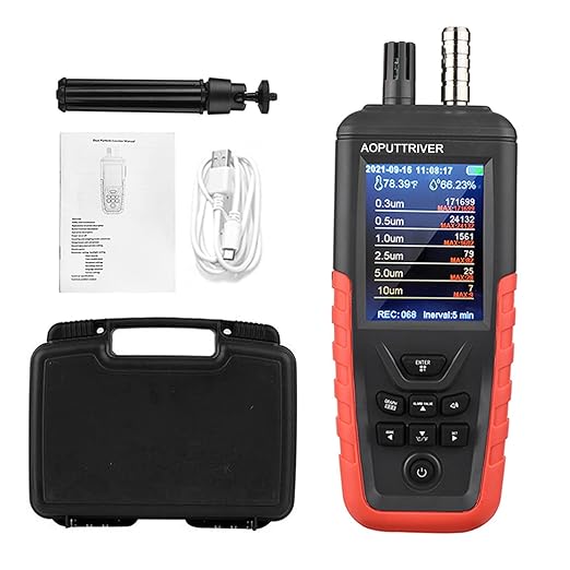 Portable Particle Counter, Handheld Dust Monitor 1000μg/m³PM2.5 Detects 6-Channel 0.3μm-10μm Particles, 14644-ISO9 Level Standard Air Pollution Monitor w/Temp & Humidity for Indoor Cleanroom