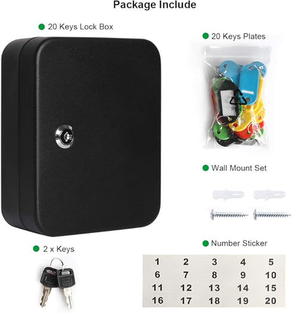 JSSMST Key Lock Box Wall Mount Security Cabinet, 20 Key Hooks & Tags, 7.87 x 6.3 x 2.95 Inches, Black Matt