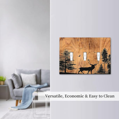 Decorative Switch Plates Rustic Farmhouse Orange Brown Pine Tree Deer Wood Grain 3 Gang Wall Plate Triple Toggle Light Switch Cover Faceplate Electrical Wall Panels for living Room Decor
