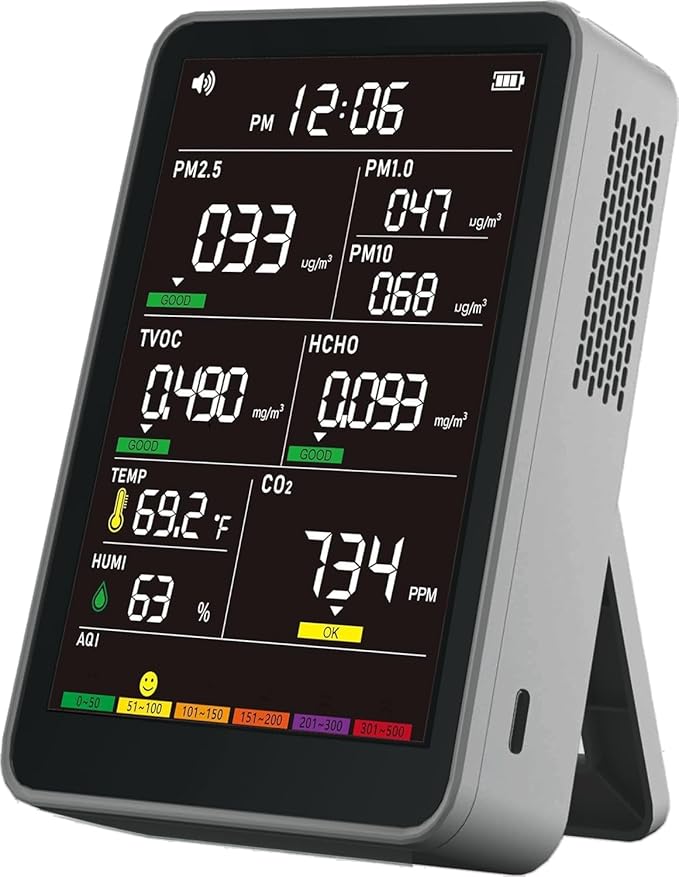 Professional Indoor Air Quality Monitor with AQI Beep Alarms, Portable Real-Time Detector for Home Cars Plants and Pets (Gray)
