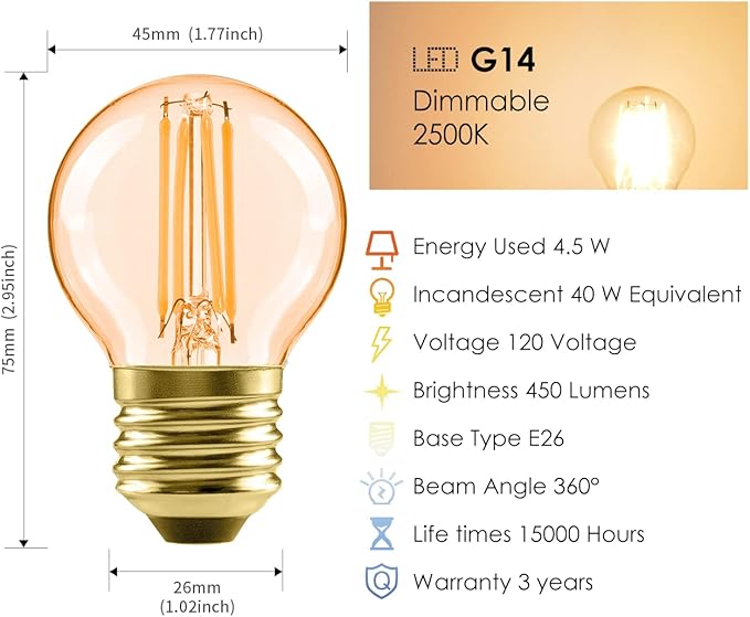 LVWIT G14 LED Filament Globe Bulb 5.5W(40W Equivalent), Dimmable 2500K Warm White E26 Screw Base, Decorative Edison Light Bulb, UL-Listed(6-Pack),Amber Yellowish