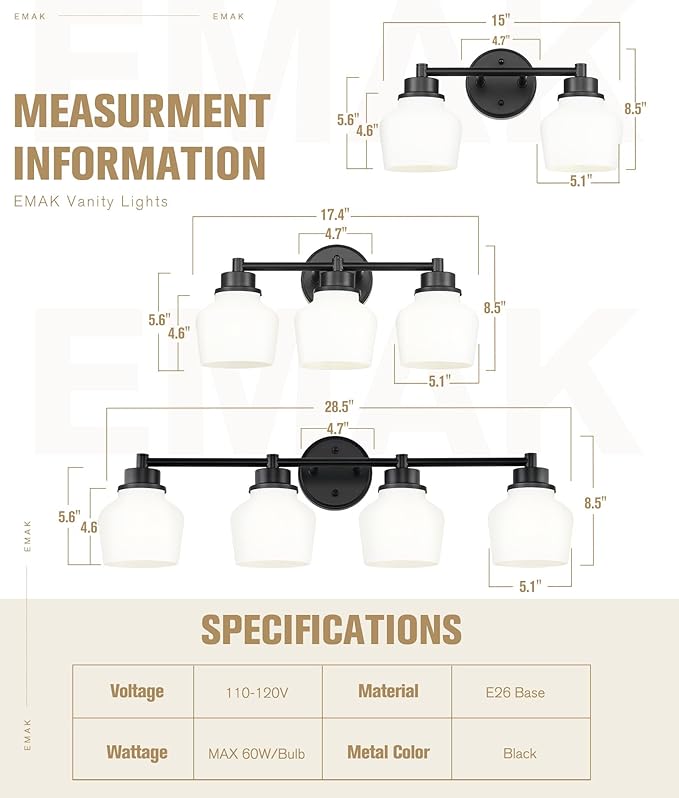 Emak 29 Inch Black Vanity Light, Farmhouse Bathroom Light Fixtures Wall Sconces with Milk Glass Shade, 4-Light Vanity Lights for Bathroom, Mirror, VL122-BK-ML-4
