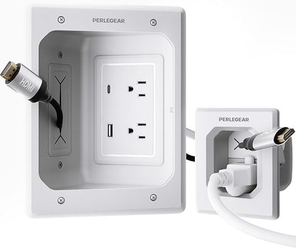 Perlegear TV in-Wall Cable Management Kit, USB and Typ C Ports Cord Hider for Wall Mount TV with Recessed Power, Includes Drill Templates, Dust Bags, Drywall Saw, Extension Cable